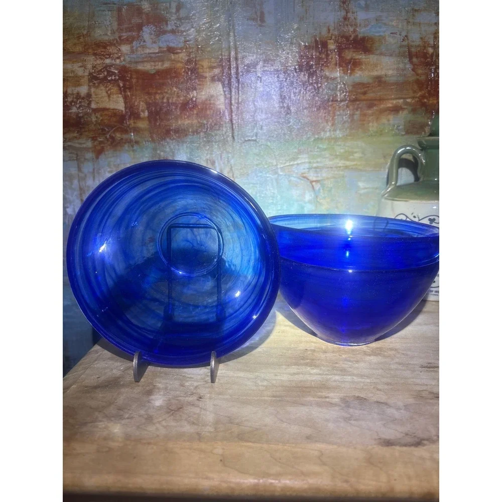 Cobalt Blue Hand Blown Glass Swirl Bowls Set of 3 Alabaster Style 5.5